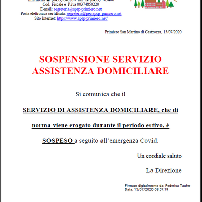 Sospenzione servizio assistenza domiciliare